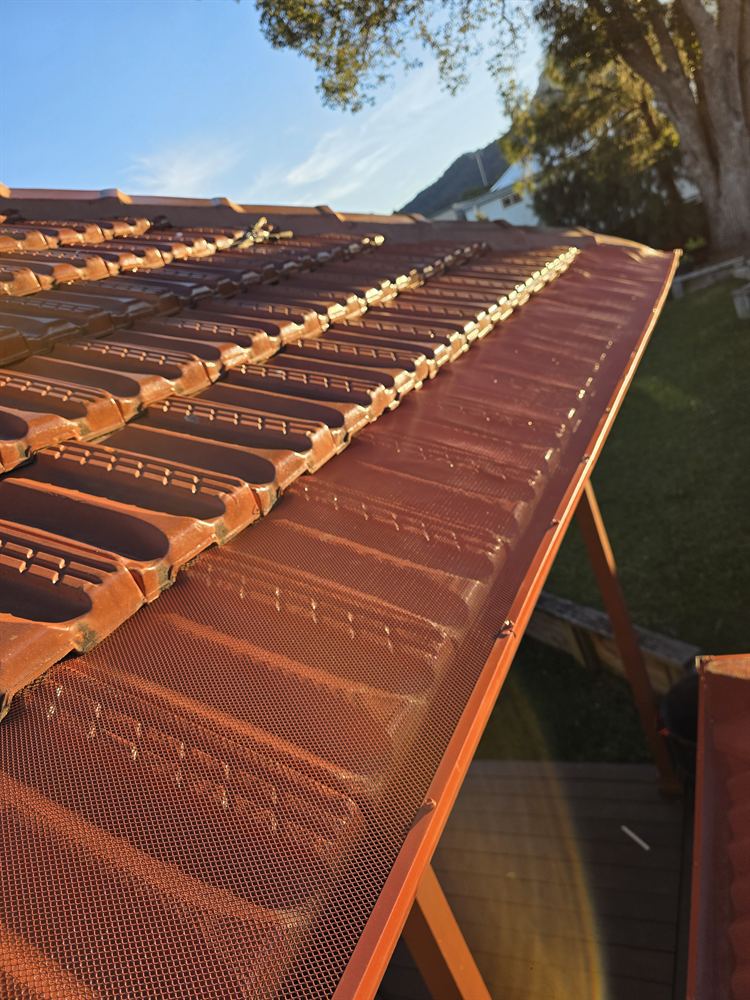 Terracotta-coloured gutter guard along a tiled roof edge