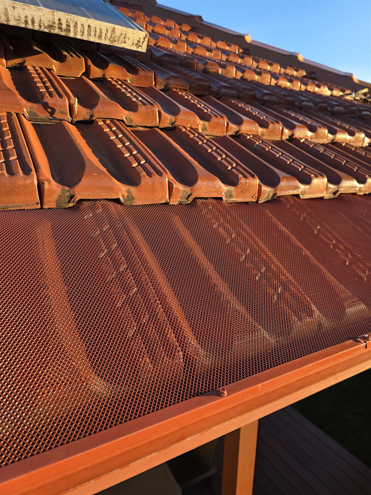 Colour-matched aluminium gutter guard on a terracotta tile roof