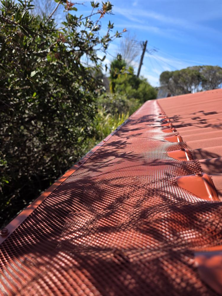 Aluminium mesh gutter guard along a red roof edge