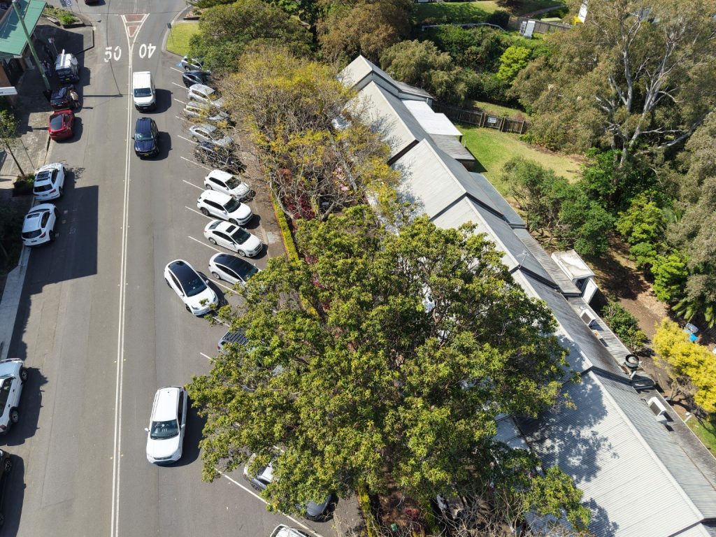 Aerial view of Kiama Terrace Houses and the surrounding commercial precinct