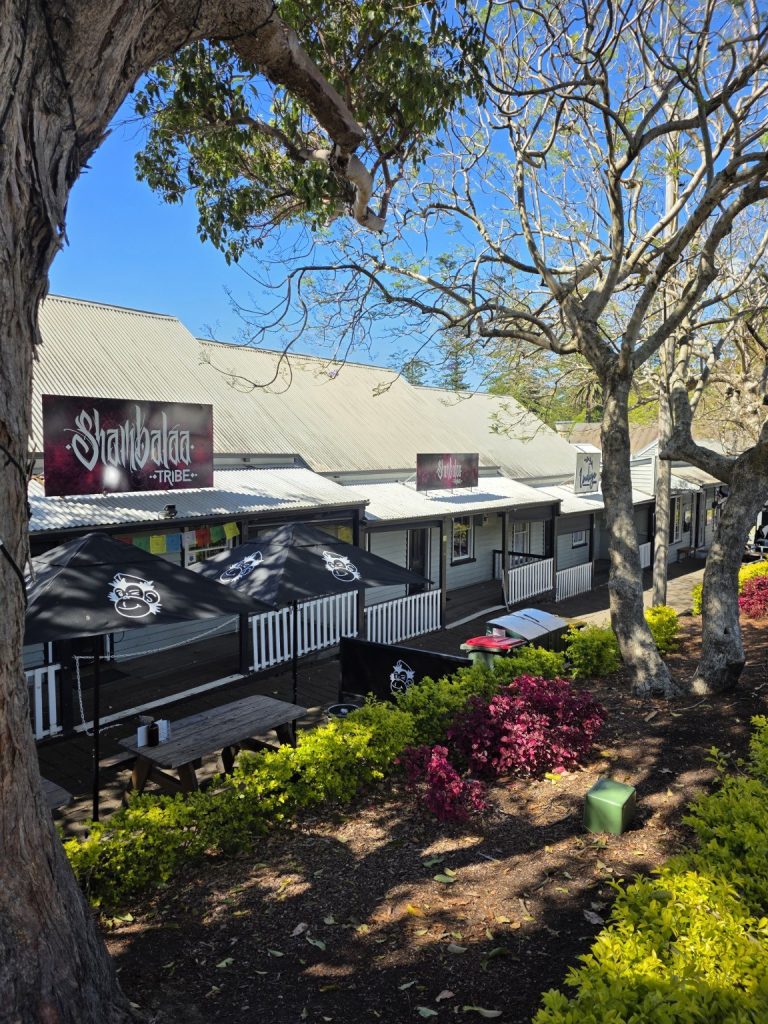 The terrace shopfronts and established trees on Collins Street