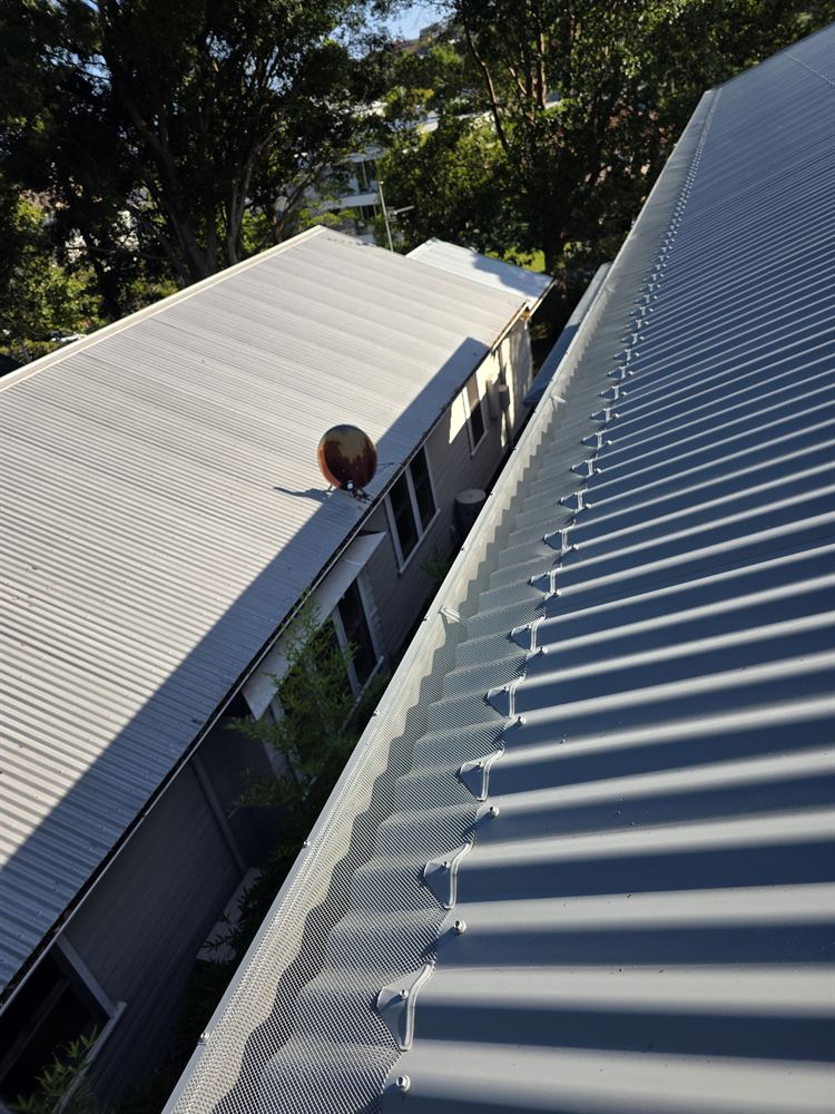 Aluminium mesh gutter guard fitted along a grey corrugated roof