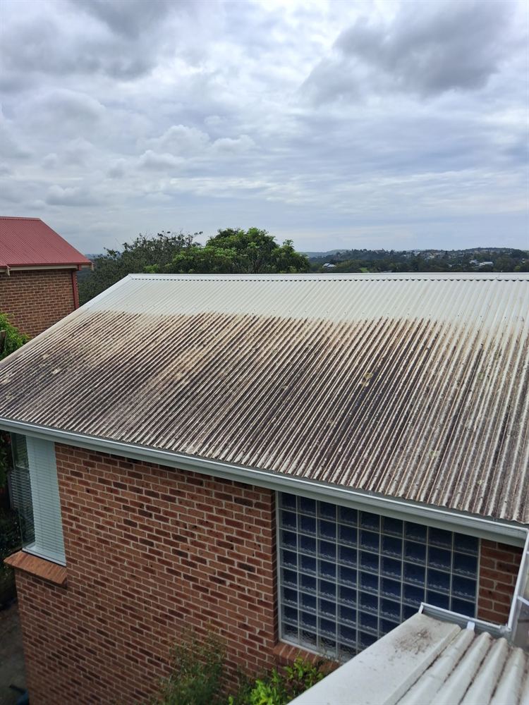 Mould-streaked corrugated roof on a brick home, before a roof wash