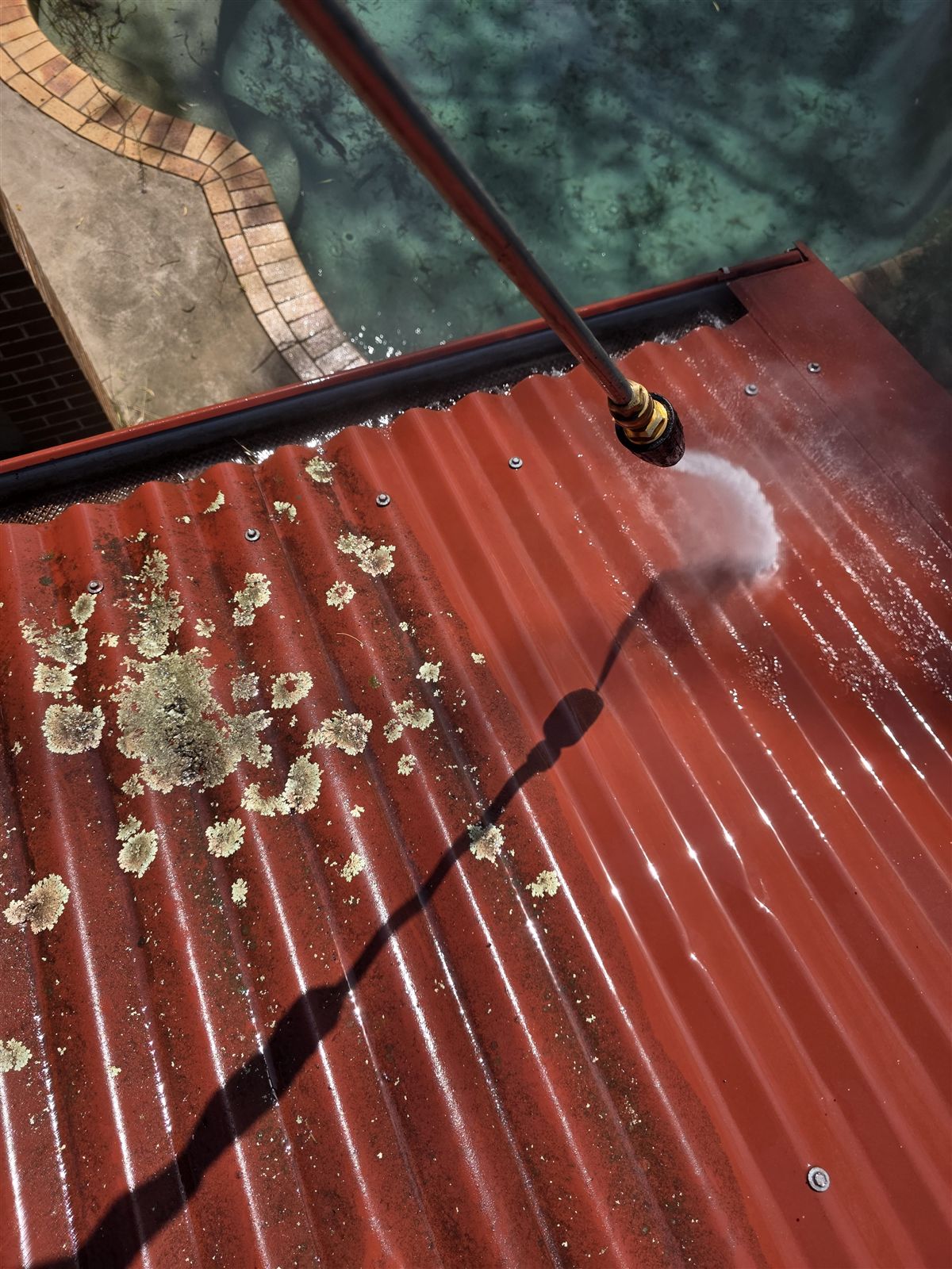 Pressure washing lichen off a red corrugated roof