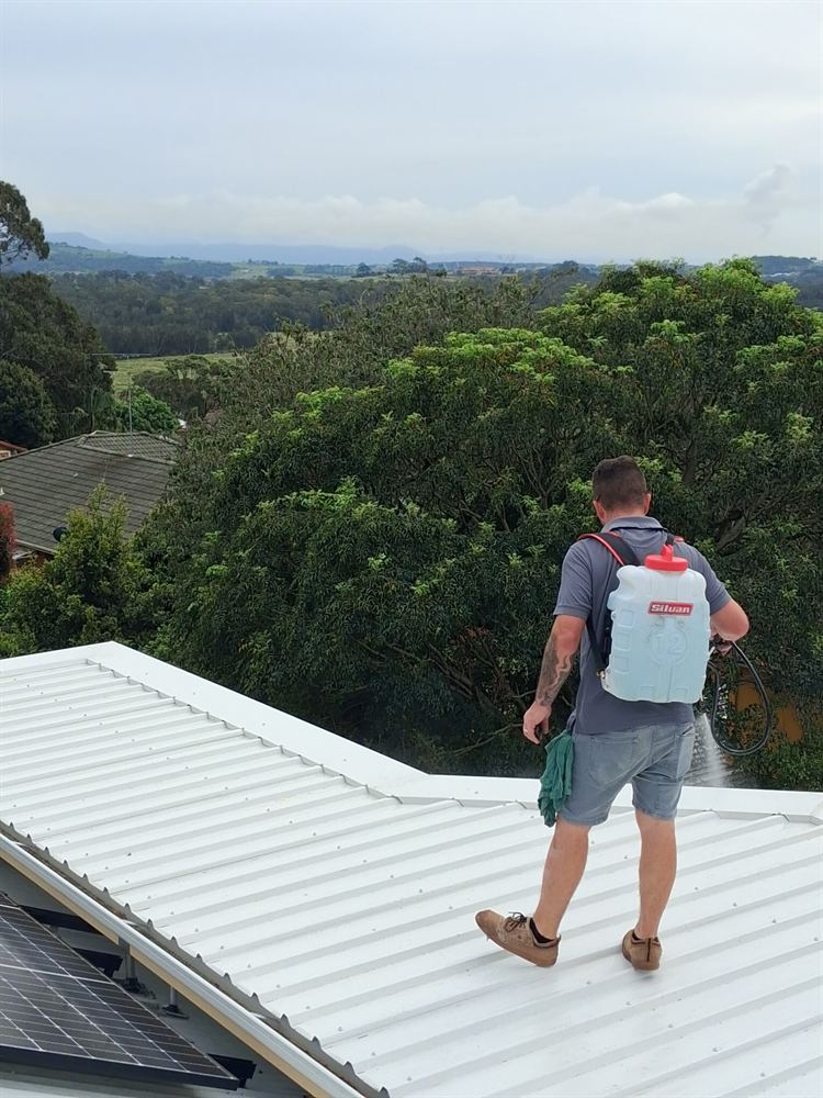 Technician applying soft wash treatment to a white corrugated roof